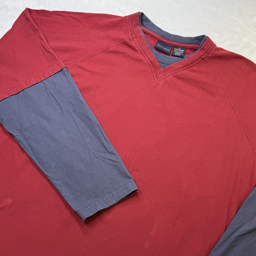 VTG Duck Head Layered Long Sleeve Shirt Mens XL Red Blue V Neck Heavy Cotton 90s